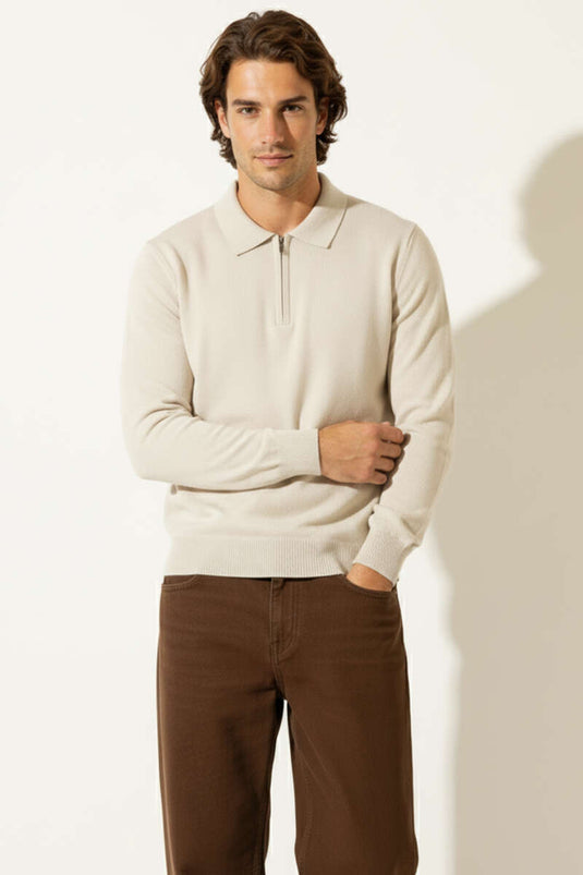 Polo Collar Zip-Up Knit Sweater, Beige