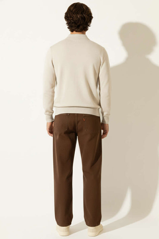 Polo Collar Zip-Up Knit Sweater, Beige