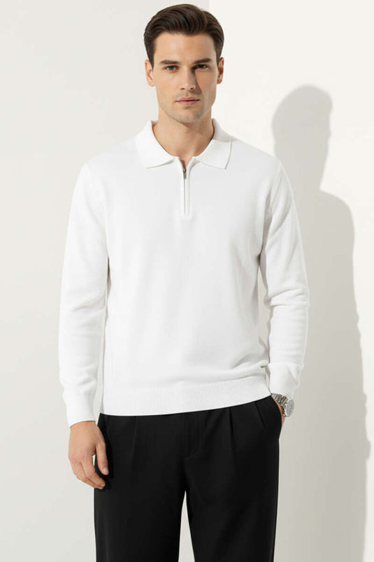 Polo Collar Zip-Up Knit Sweater, Ecru