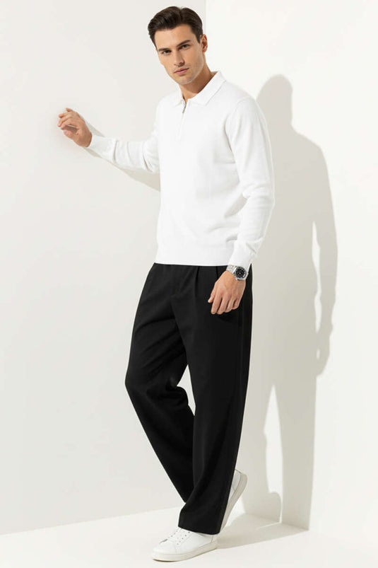 Polo Collar Zip-Up Knit Sweater, Ecru