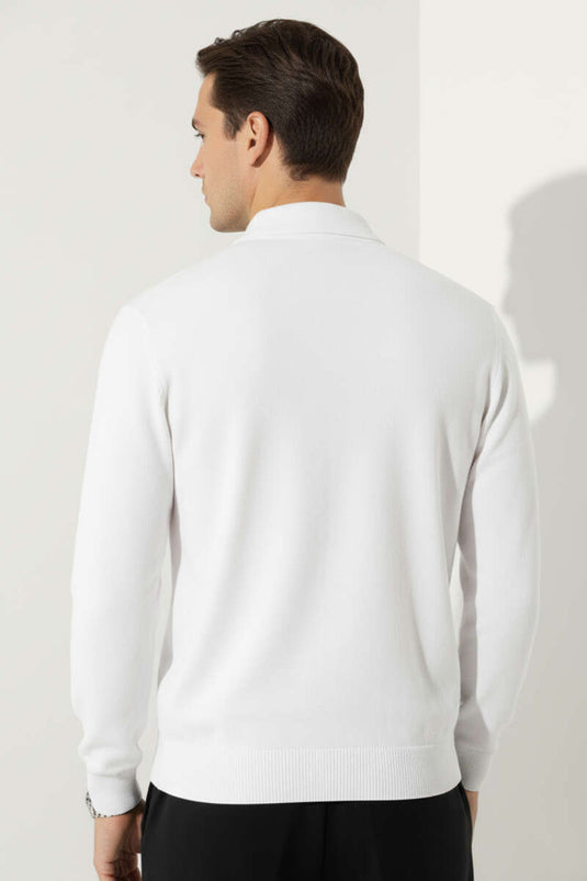 Polo Collar Zip-Up Knit Sweater, Ecru