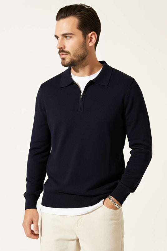 Polo Collar Zip-Up Knit Sweater, Navy Blue