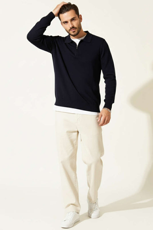 Polo Collar Zip-Up Knit Sweater, Navy Blue