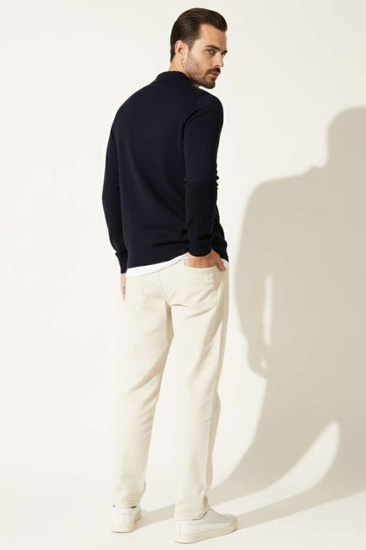 Polo Collar Zip-Up Knit Sweater, Navy Blue