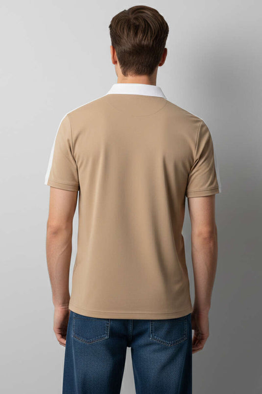 Men's T-shirt with Polo Collar and Yarn Detail Camel