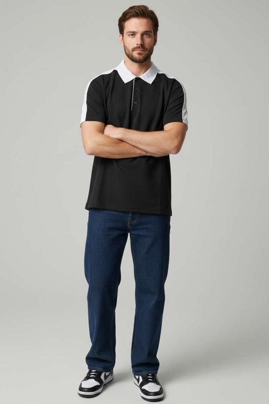 Polo Yaka Garnili Erkek T-shirt Siyah