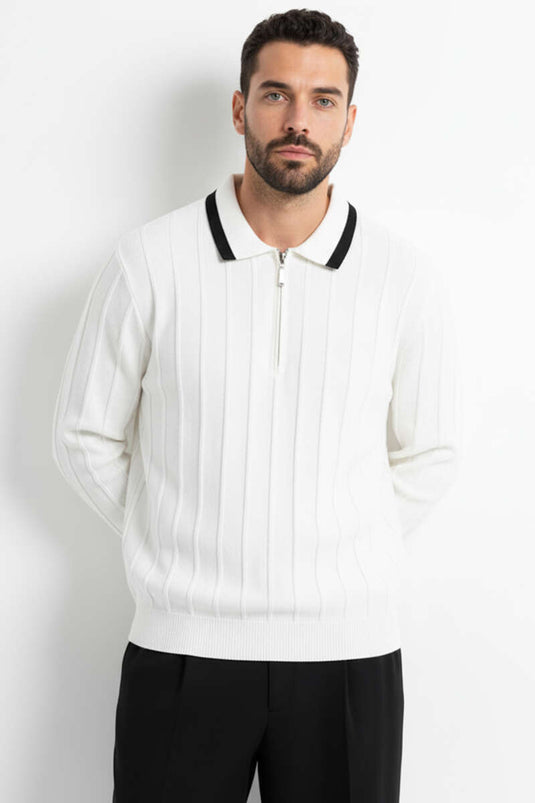 Men's Long-Sleeved Polo Collar Sweatshirt with Trim, White