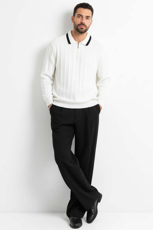 Men's Long-Sleeved Polo Collar Sweatshirt with Trim, White