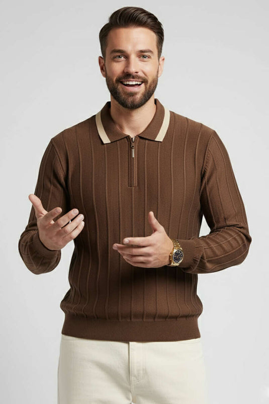 سويت شيرت رجالي بأكمام طويلة وياقة بولو مزينة باللون البني