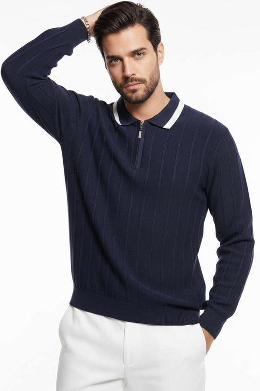 Men's Long-Sleeved Polo Collar Sweatshirt with Trim, Navy Blue