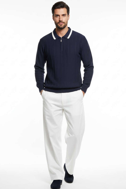 Men's Long-Sleeved Polo Collar Sweatshirt with Trim, Navy Blue