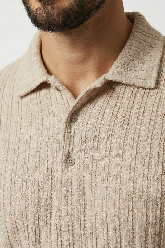 Sweat-shirt pour homme à col polo avec rayures en relief beige