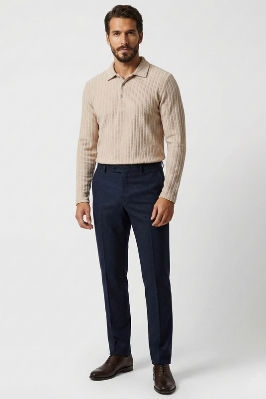 Sweat-shirt pour homme à col polo avec rayures en relief beige