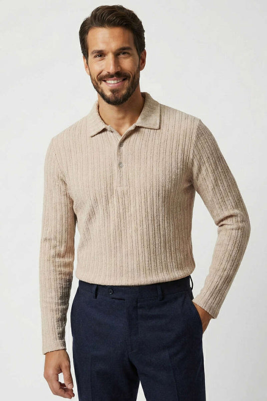 Sweat-shirt pour homme à col polo avec rayures en relief beige