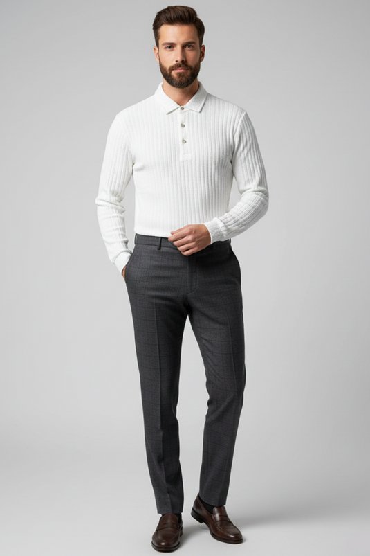 Sweat-shirt pour homme à col polo, rayures en relief, écru