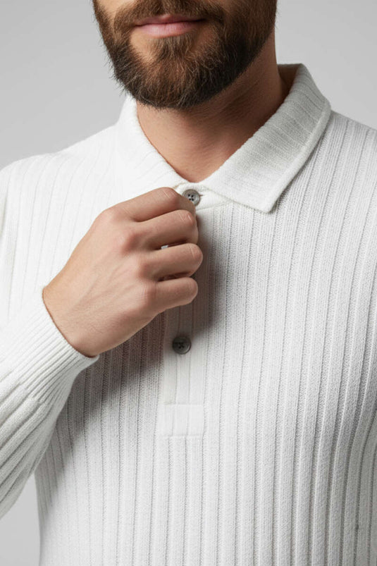 Sweat-shirt pour homme à col polo, rayures en relief, écru