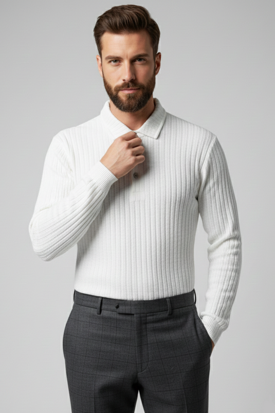 Sweat-shirt pour homme à col polo, rayures en relief, écru