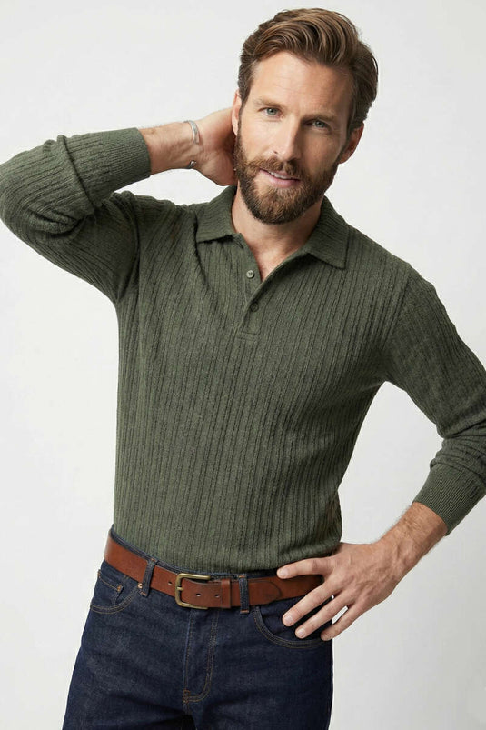 Sweat-shirt pour homme à col polo, rayures en relief, couleur kaki