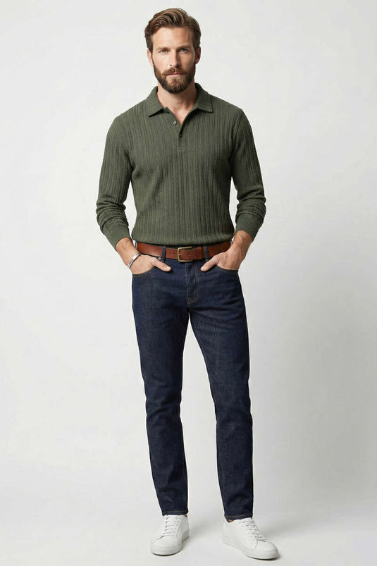 Sweat-shirt pour homme à col polo, rayures en relief, couleur kaki