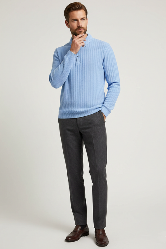 Sweat-shirt pour homme à col polo, rayures en relief, bleu