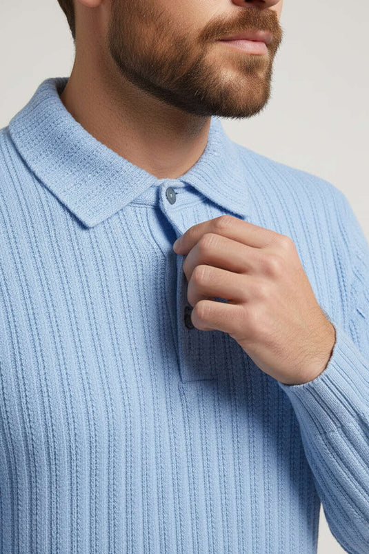 Sweat-shirt pour homme à col polo, rayures en relief, bleu