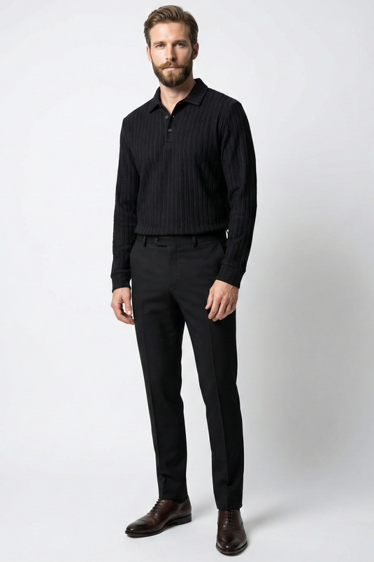 Polo Yaka Kabartma Çizgili Erkek Sweatshirt Siyah