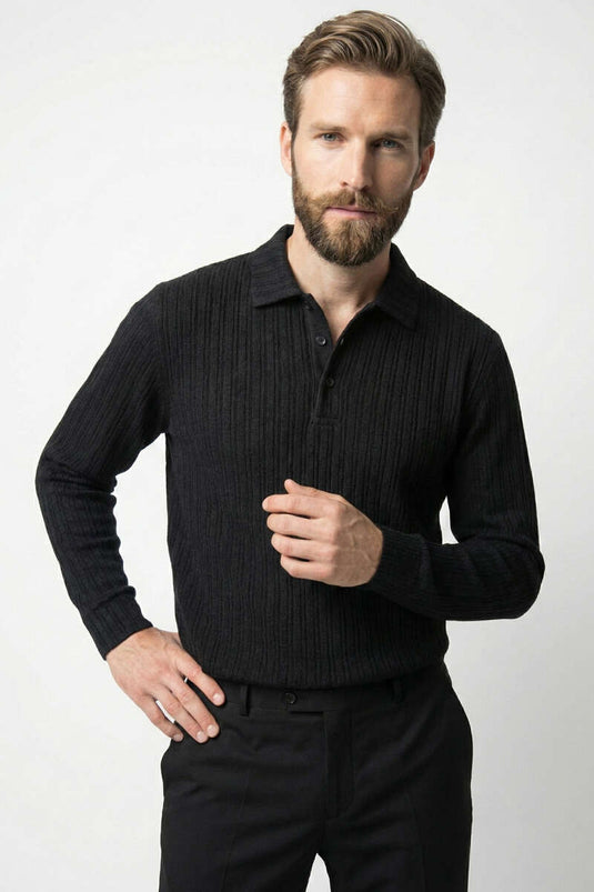 Polo Yaka Kabartma Çizgili Erkek Sweatshirt Siyah