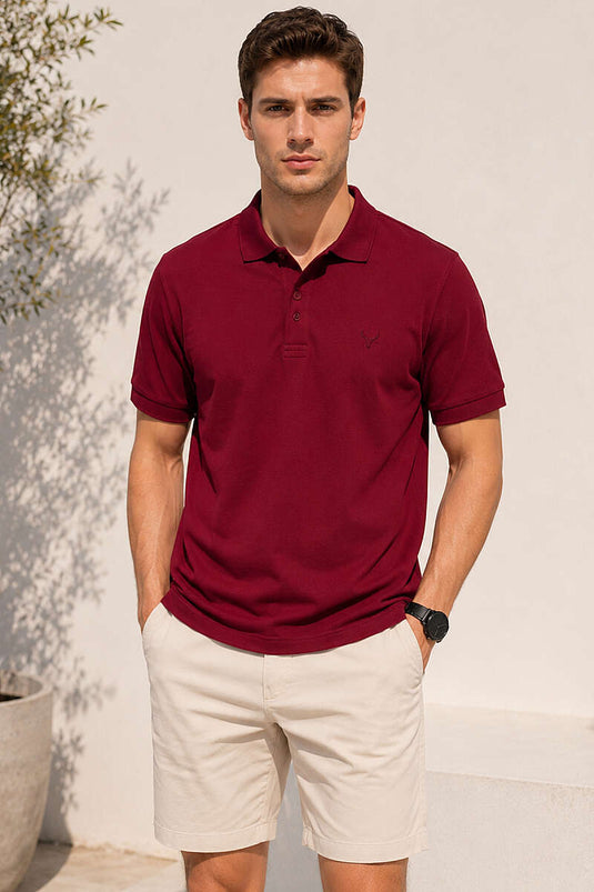 T-shirt homme bordeaux à col polo avec manches côtelées