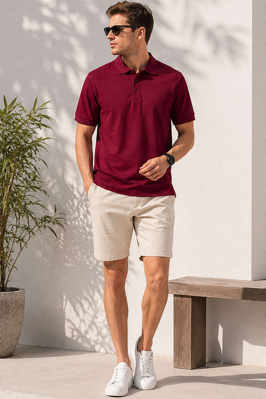 T-shirt homme bordeaux à col polo avec manches côtelées