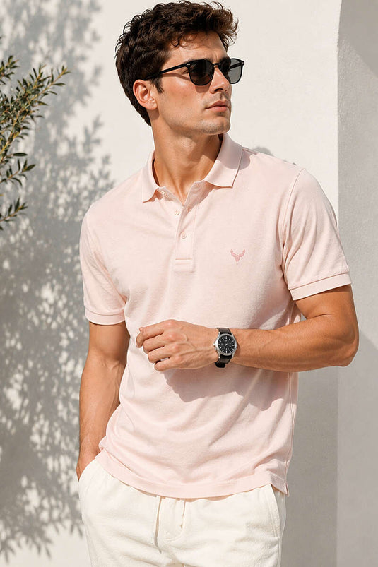 Polo Yaka Kol Ribanalı Erkek T-shirt Melanj Pembe