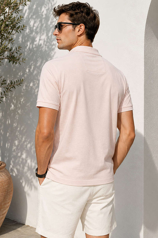 Polo Yaka Kol Ribanalı Erkek T-shirt Melanj Pembe