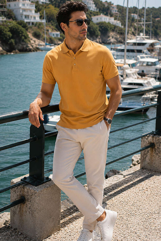 Polo Yaka Kol Ribanalı Erkek T-shirt Safran