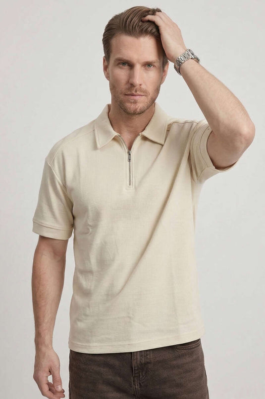 T-shirt oversize pour homme à manches longues avec col polo et inscription, couleur os