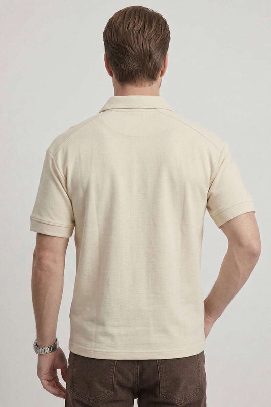T-shirt oversize pour homme à manches longues avec col polo et inscription, couleur os