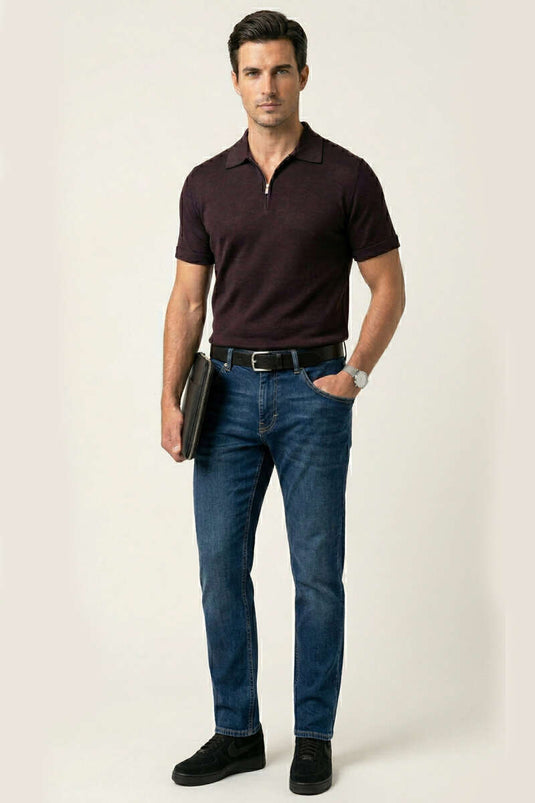 T-shirt uomo in cotone mercerizzato con collo a polo, bordeaux