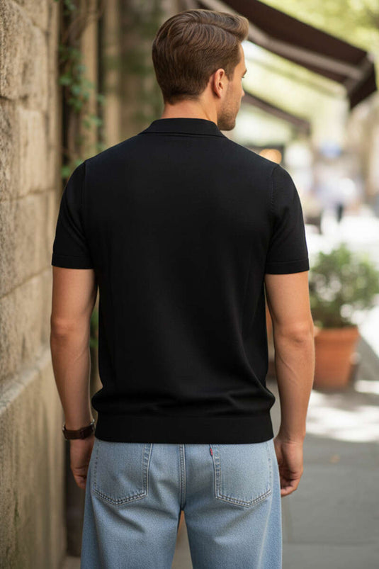 Maglietta da uomo nera con collo a polo in cotone mercerizzato