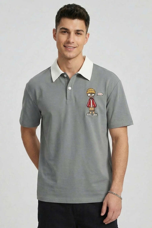 Polokragen besticktes Herren-T-Shirt Grau