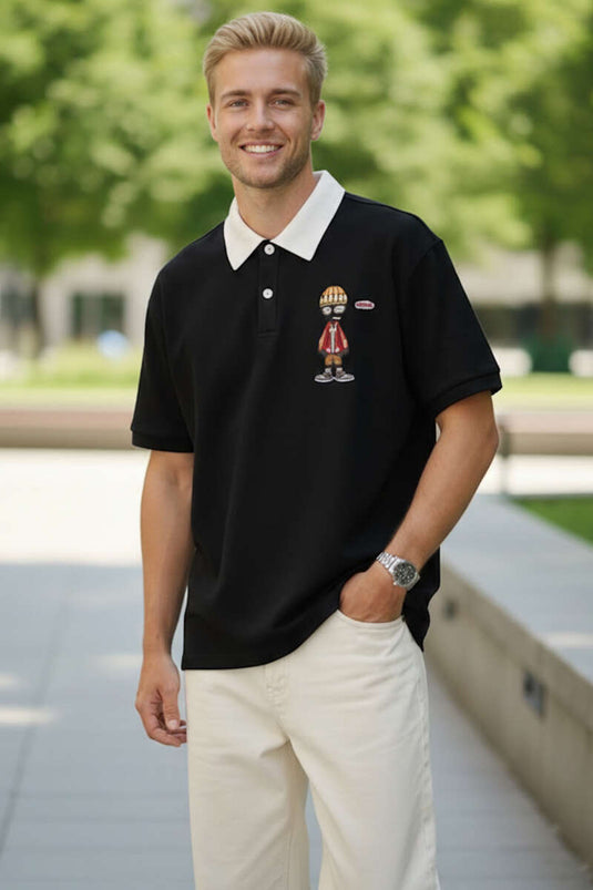 Black Men's Polo Collar Embroidered T-shirt