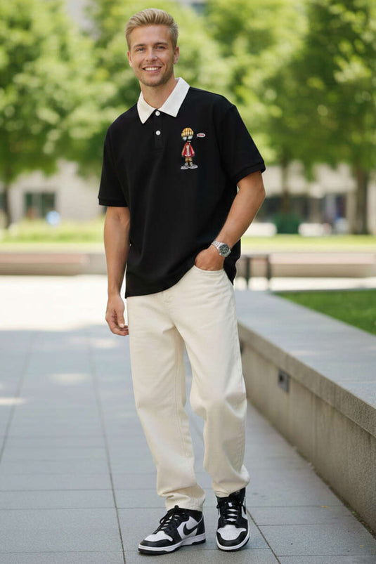 Polo Yaka Nakışlı Erkek T-shirt Siyah