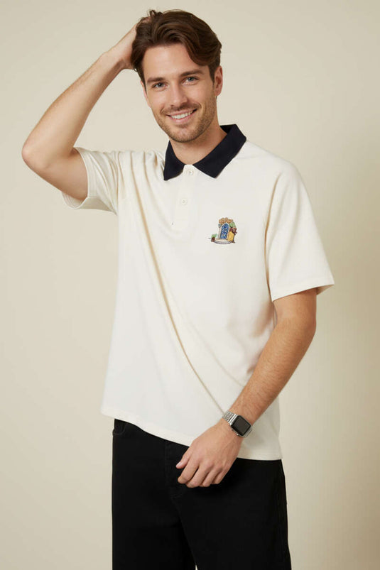 Polo Yaka Nakışlı İki İplik T-shirt Ekru