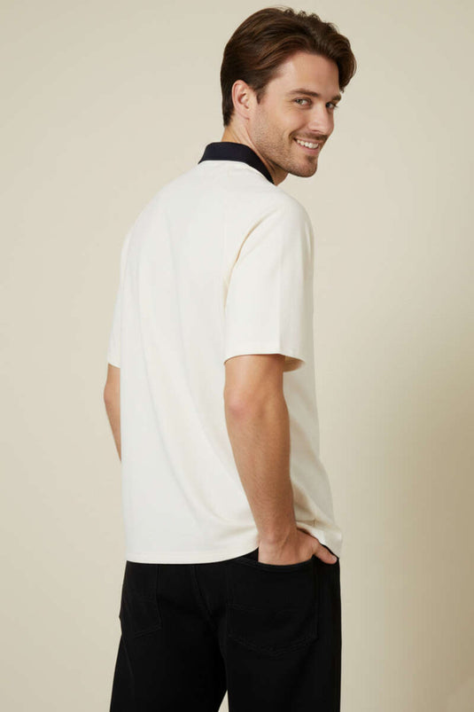 Polo Yaka Nakışlı İki İplik T-shirt Ekru