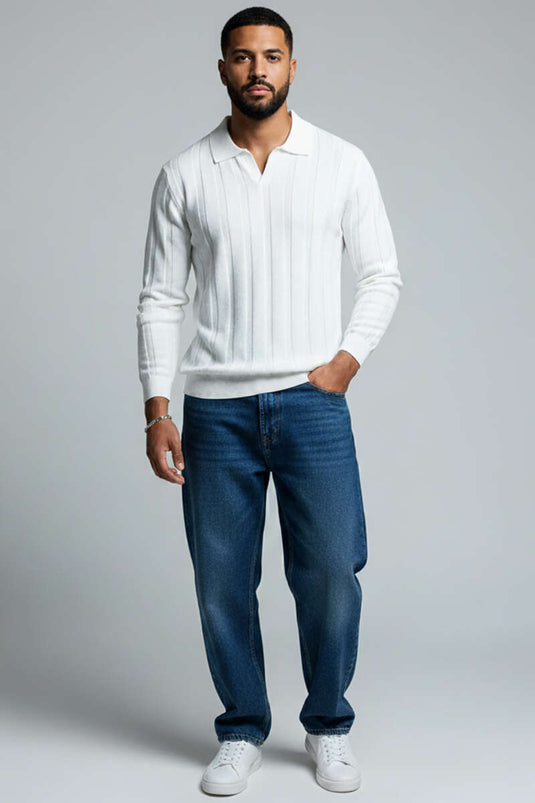 كنزة رجالية بياقة بولو وتفاصيل حياكة على شكل خلية نحل، لون بيج فاتح