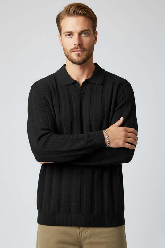 Maglione da uomo con colletto polo e dettaglio in maglia a nido d'ape, nero