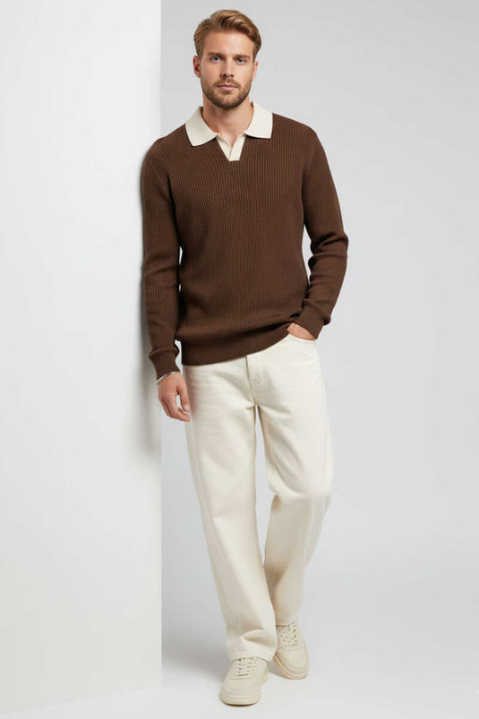 Polo Yaka Renkli Triko Kazak Kahve