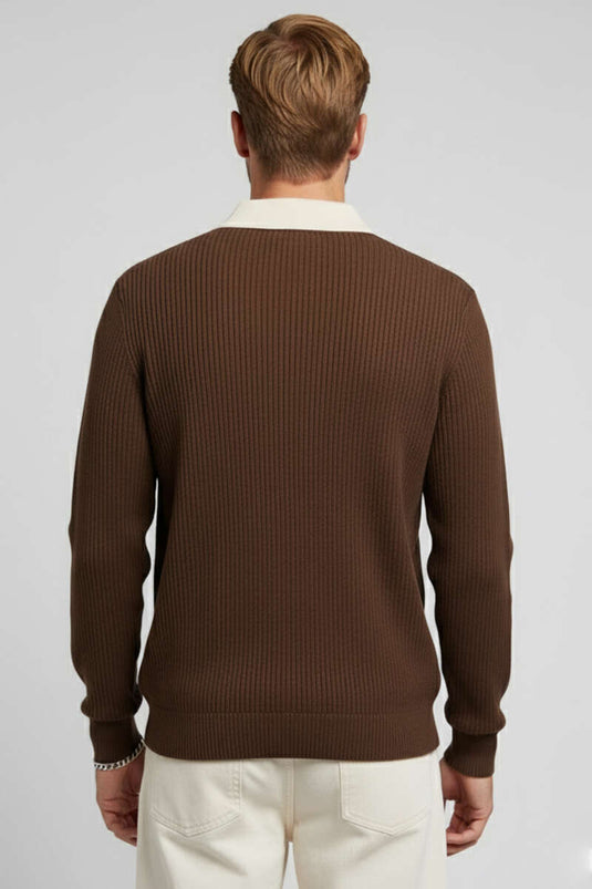 Polo Yaka Renkli Triko Kazak Kahve