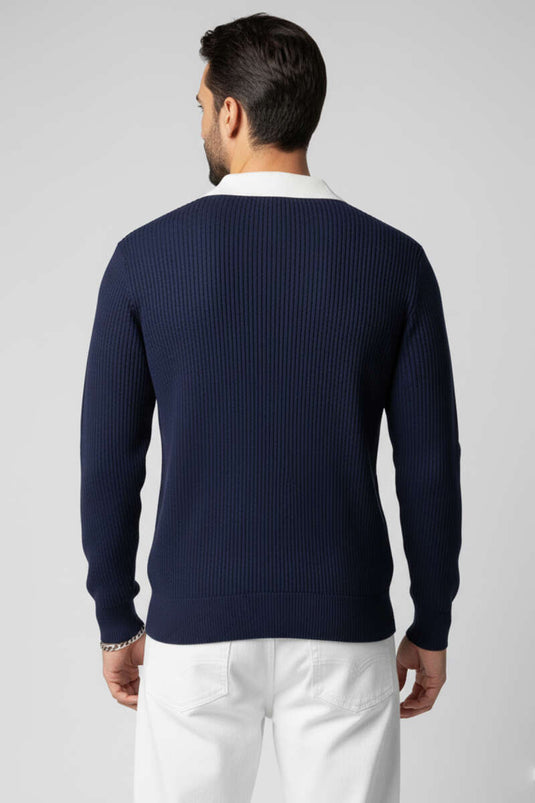 Polo Yaka Renkli Triko Kazak Lacivert