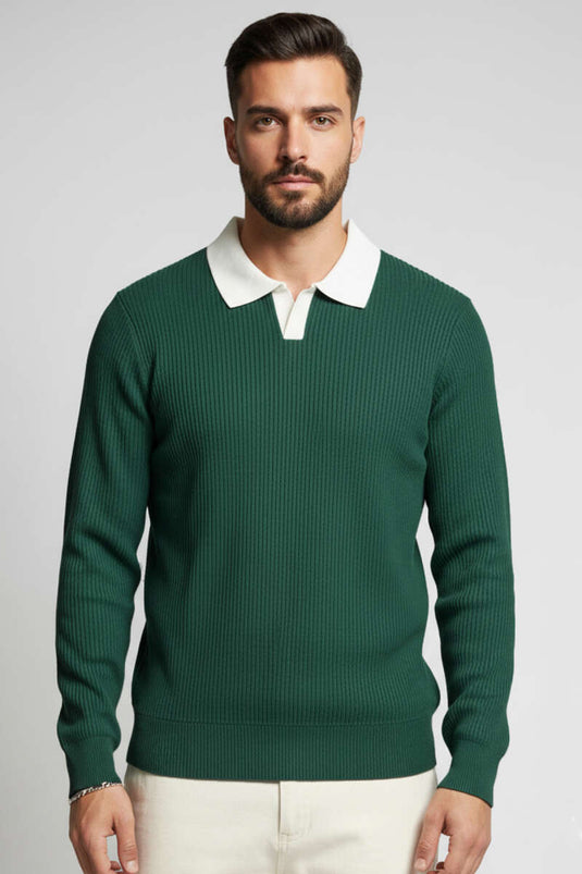 كنزة صوفية ملونة بياقة بولو، لون أزرق داكن