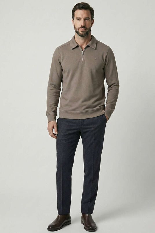 Men's Sweatshirt with Polo Collar and Ribbing, Ash