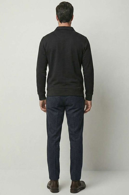 Polo Yaka Ribanalı Erkek Sweatshirt Siyah