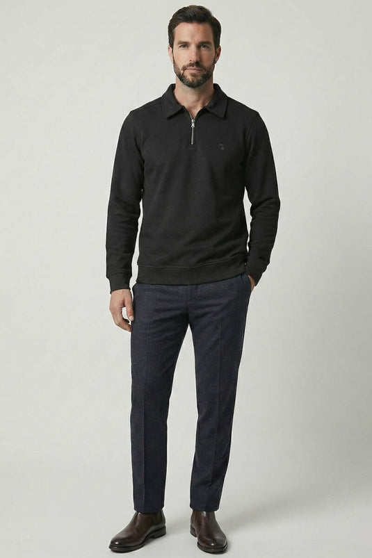 Polo Yaka Ribanalı Erkek Sweatshirt Siyah